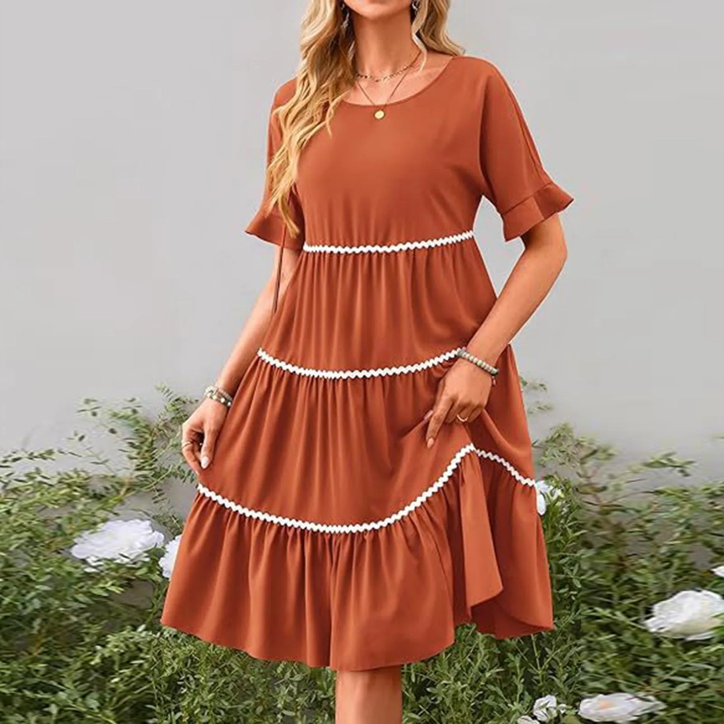 Casual Dresses- Tiered Dress with Piping Detail for Casual Outings- Ginger- Pekosa Women Fashion