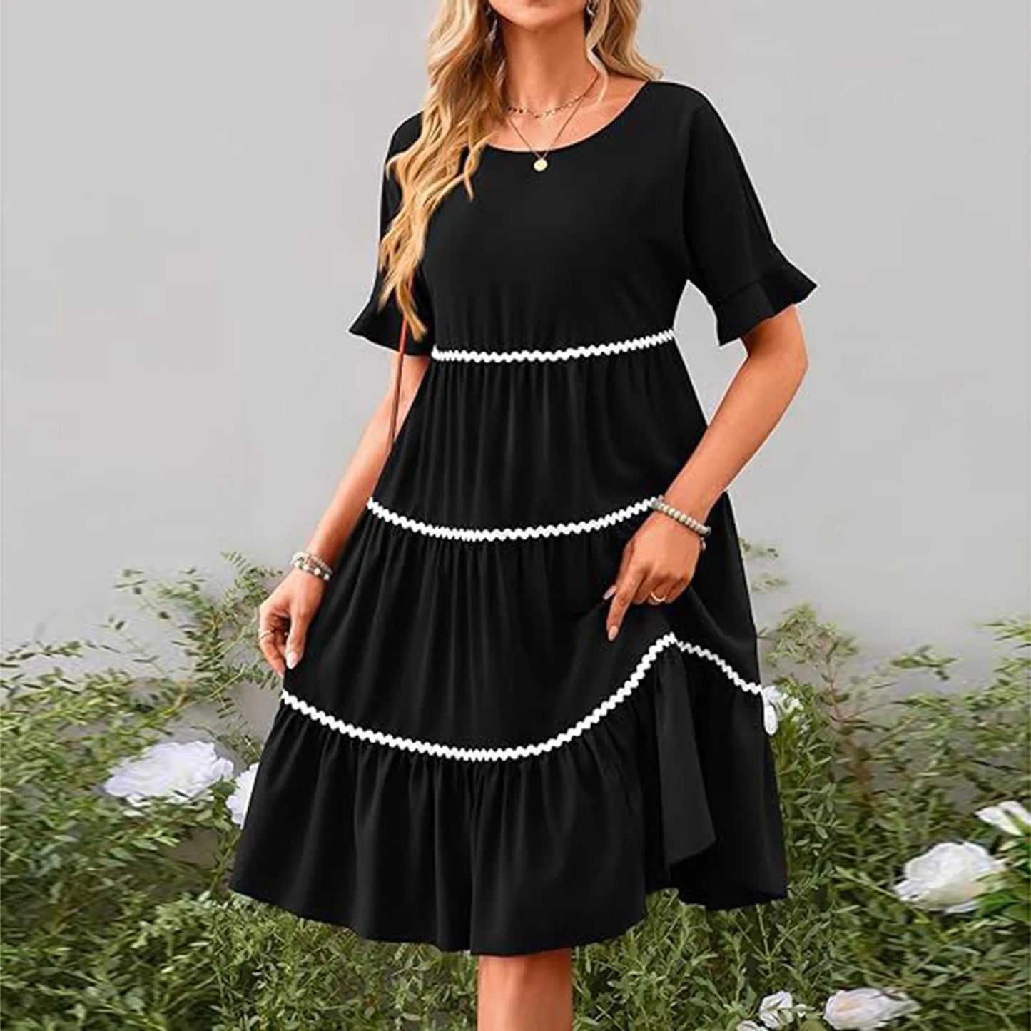 Casual Dresses- Tiered Dress with Piping Detail for Casual Outings- Black- Pekosa Women Fashion