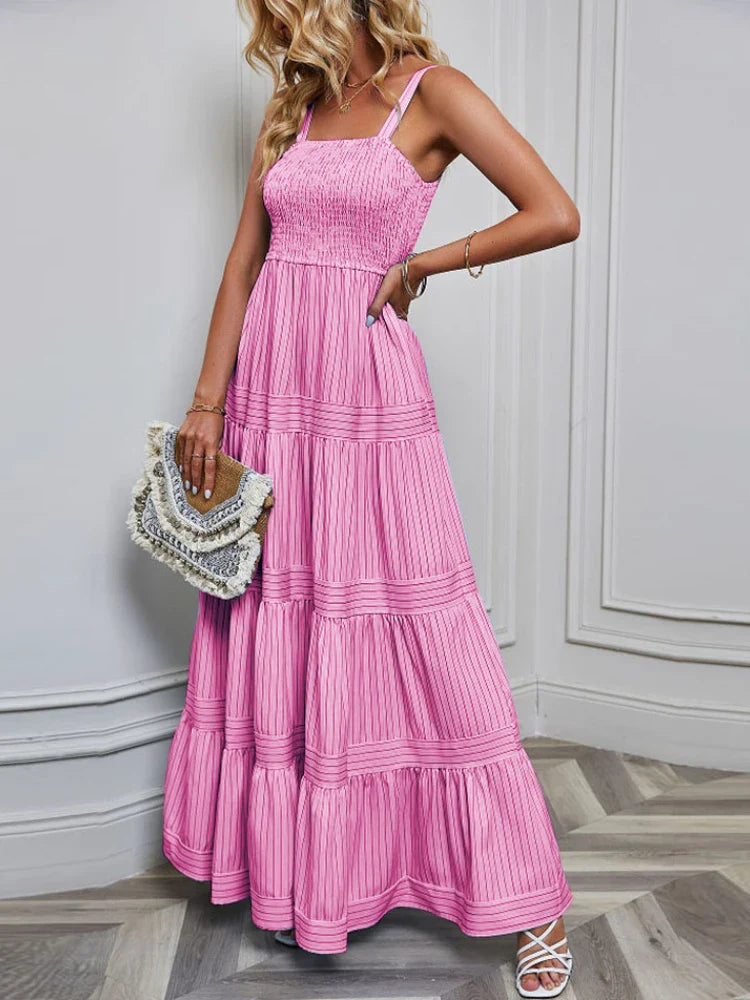 Casual Dresses- Festival Favorite Striped Maxi Dress for Summer Days- Pink- Pekosa Women Fashion