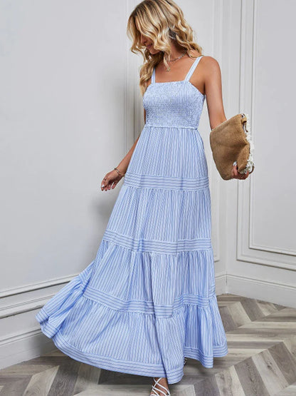 Casual Dresses- Festival Favorite Striped Maxi Dress for Summer Days- Sky blue- Pekosa Women Fashion