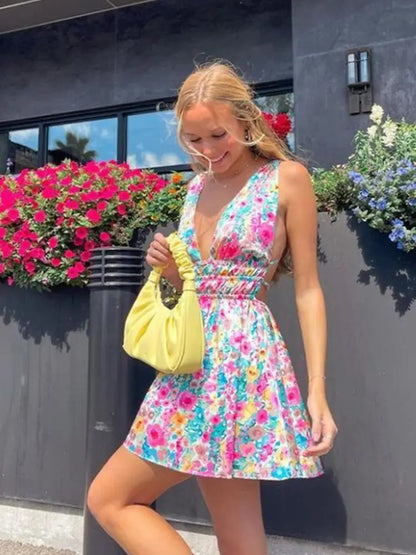 Casual Dresses- Floral Mini Dress with Multi-Strap Back for Summer Gatherings- - Pekosa Women Fashion