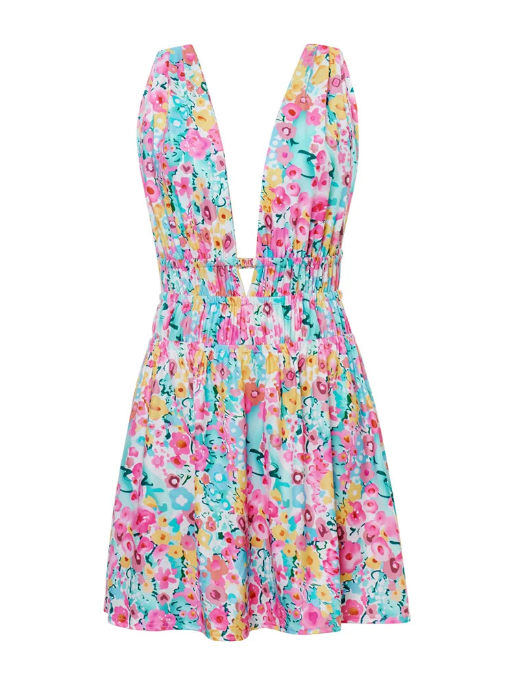 Casual Dresses- Floral Mini Dress with Multi-Strap Back for Summer Gatherings- - Pekosa Women Fashion