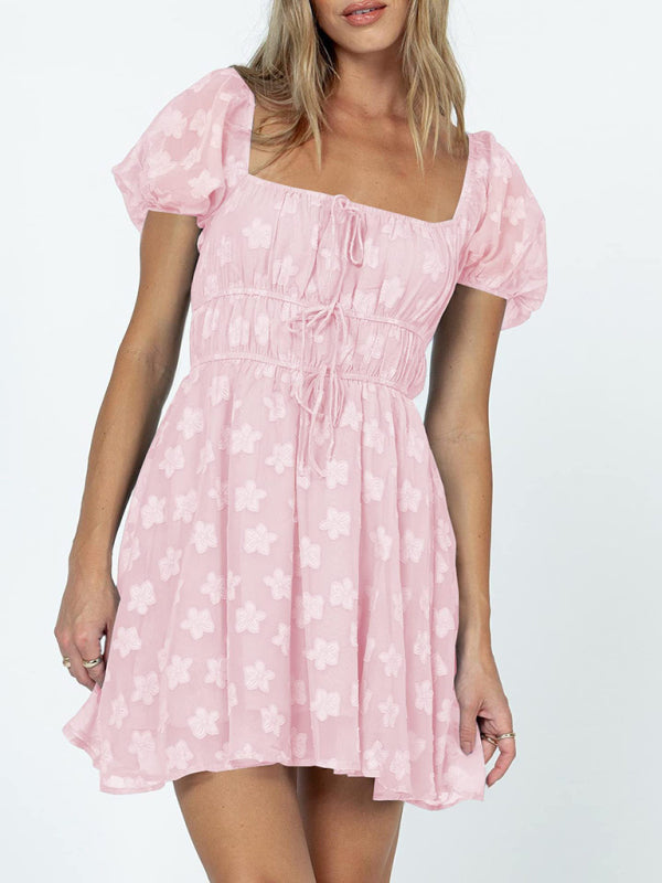 Casual Dresses- Floral Romantic Square Neck A-Line Dress with Tie-Up Waist- Pink- Pekosa Women Fashion