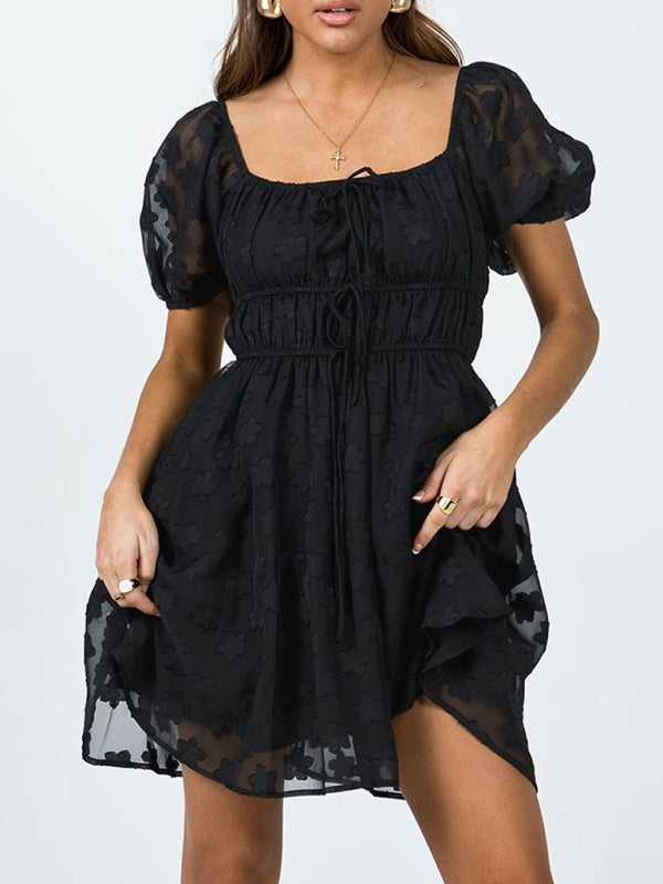 Casual Dresses- Floral Romantic Square Neck A-Line Dress with Tie-Up Waist- Black- Pekosa Women Fashion