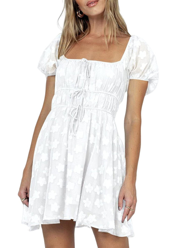 Casual Dresses- Floral Romantic Square Neck A-Line Dress with Tie-Up Waist- White- Pekosa Women Fashion