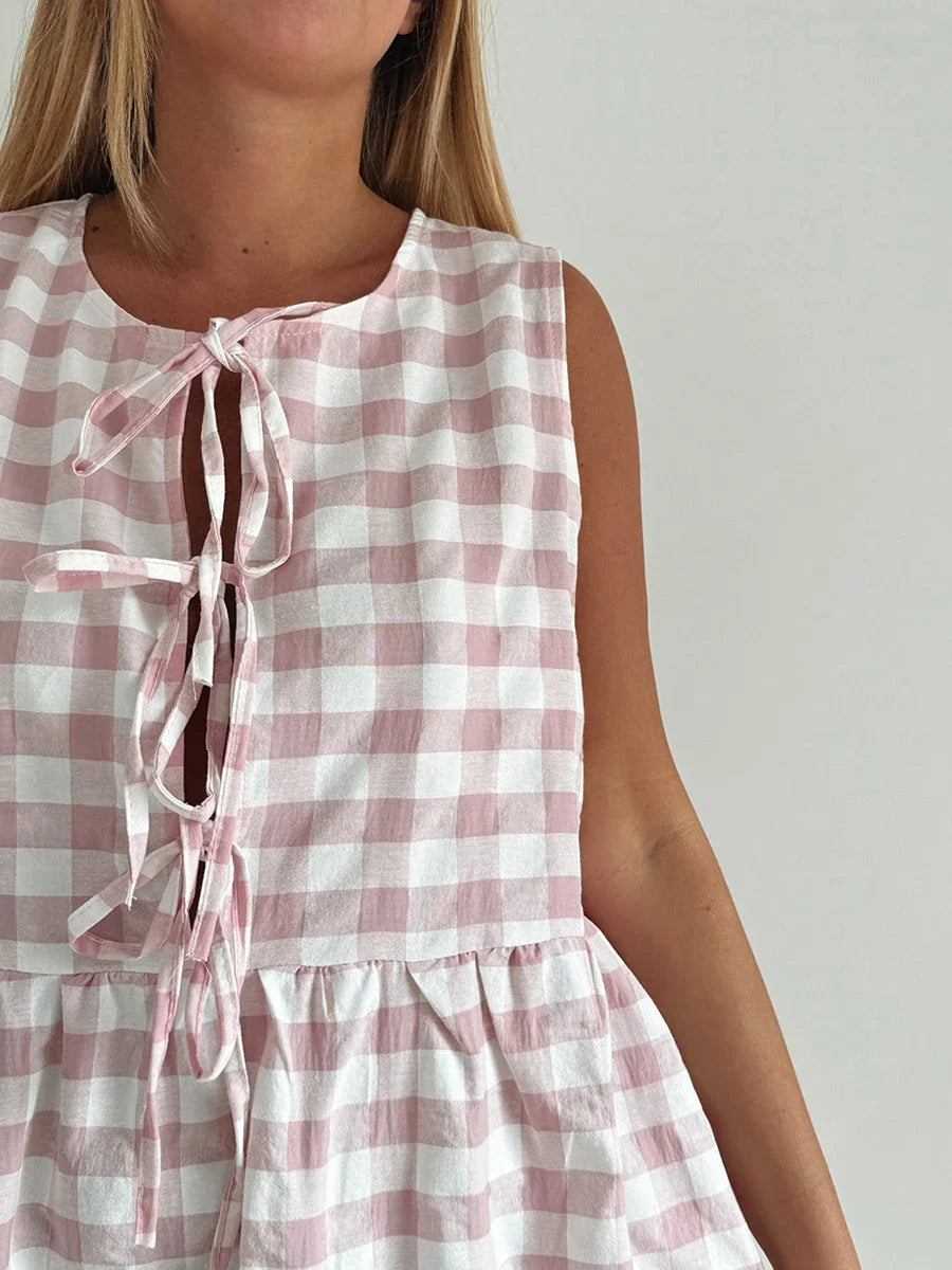 Casual Dresses - Gingham Plaid Tiered Sleeveless Midi Dress