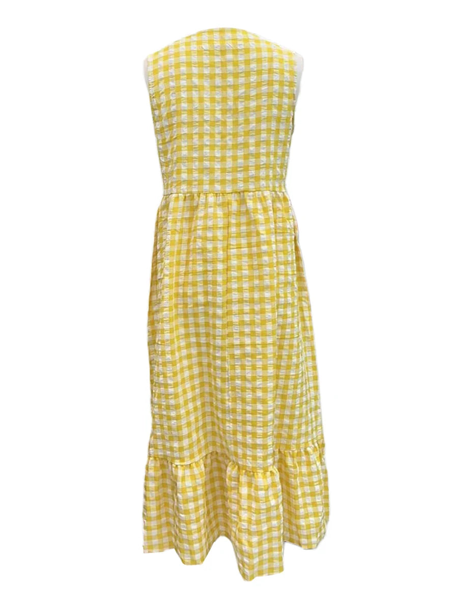 Casual Dresses - Gingham Plaid Tiered Sleeveless Midi Dress