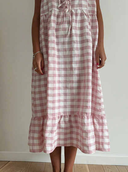 Casual Dresses - Gingham Plaid Tiered Sleeveless Midi Dress