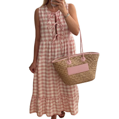 Casual Dresses - Gingham Plaid Tiered Sleeveless Midi Dress