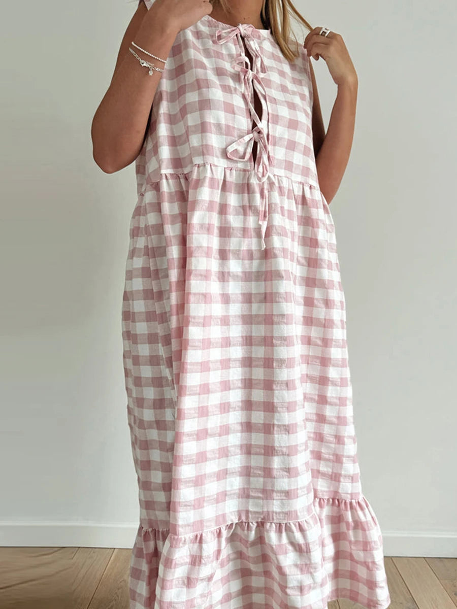 Casual Dresses - Gingham Plaid Tiered Sleeveless Midi Dress