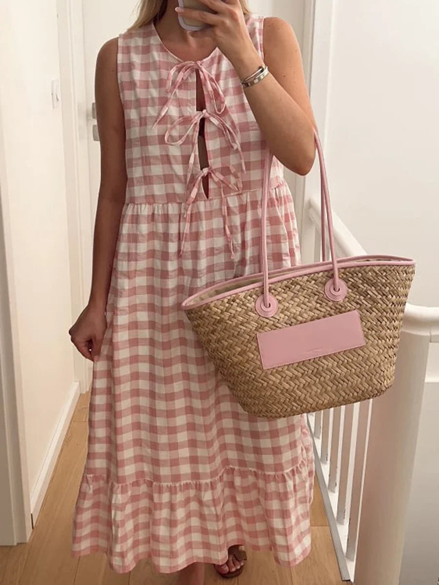 Casual Dresses - Gingham Plaid Tiered Sleeveless Midi Dress