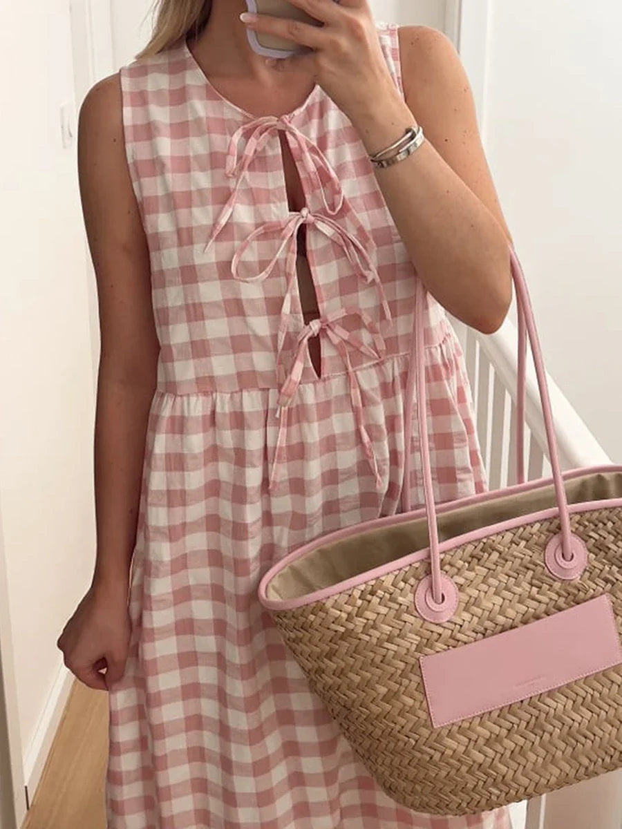 Casual Dresses - Gingham Plaid Tiered Sleeveless Midi Dress