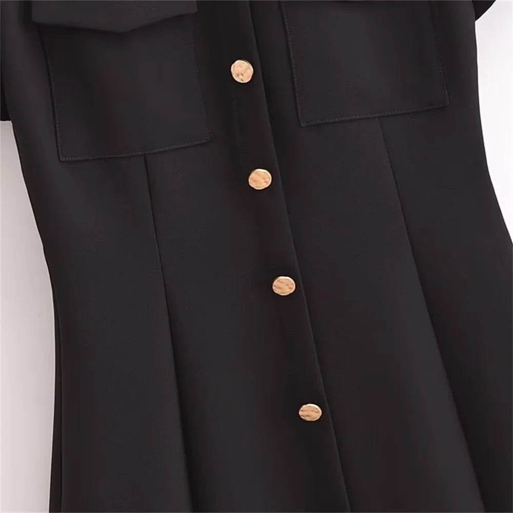 Casual Dresses - Loose-Fit Shirt Dress with Gold Buttons for Business Lunches