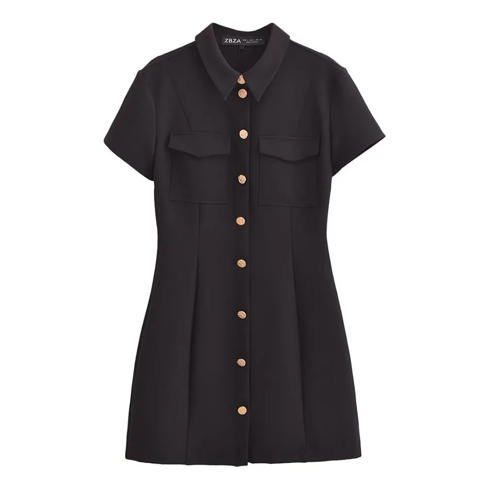 Casual Dresses - Loose-Fit Shirt Dress with Gold Buttons for Business Lunches