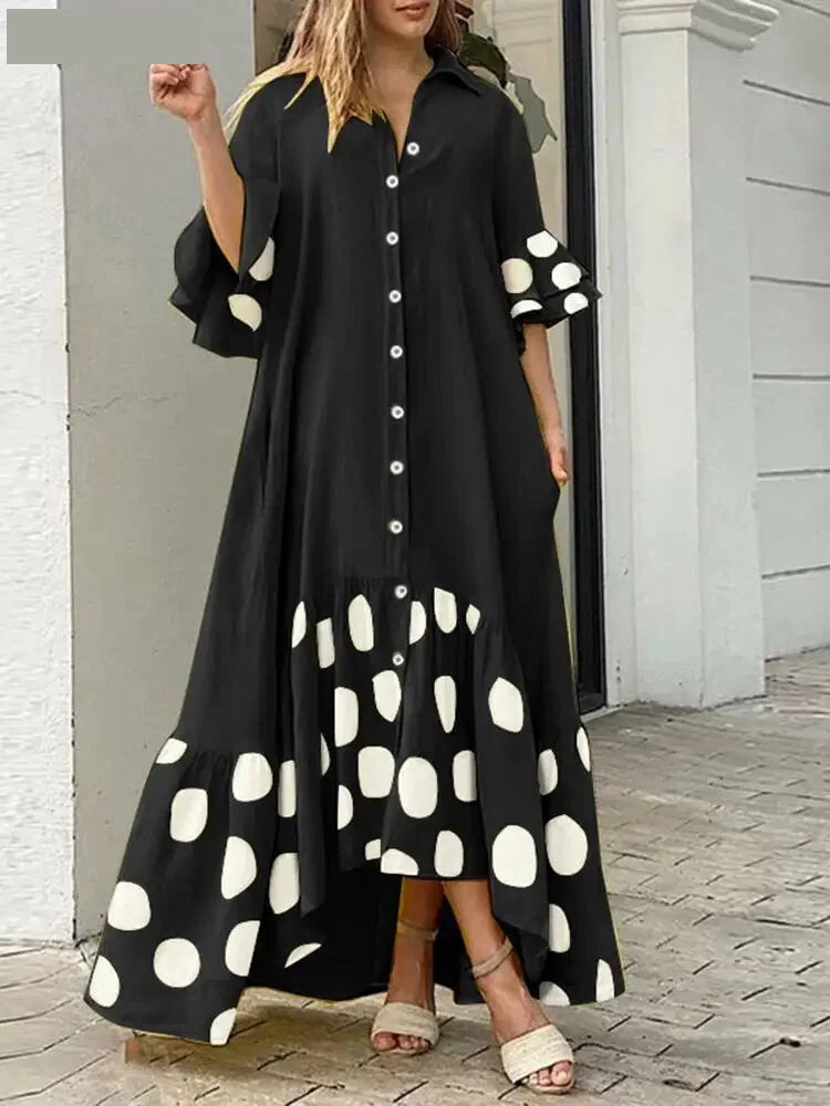 Casual Dresses - Loose Polka Dot High-Low Shirt Dress for Casual Days