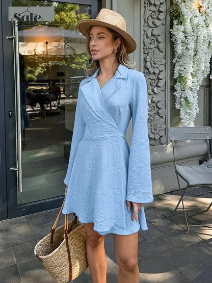 Casual Dresses - Notched Collar Textured Wrap Mini Dress