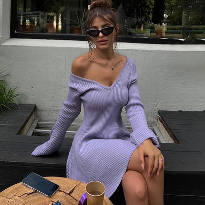 Casual Dresses- Off-Shoulder Ribbed Mini Sweater Dress