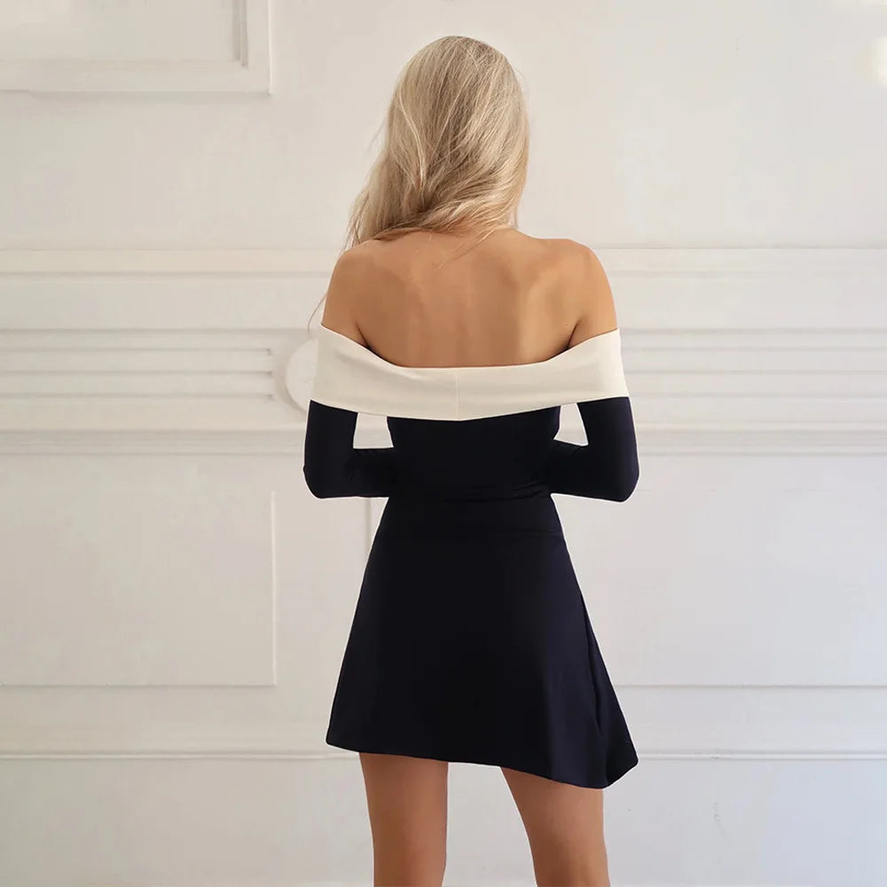 Casual Dresses- Off Shoulder Two-Tone Mini Dress - Perfect for Date Nights and Casual Parties