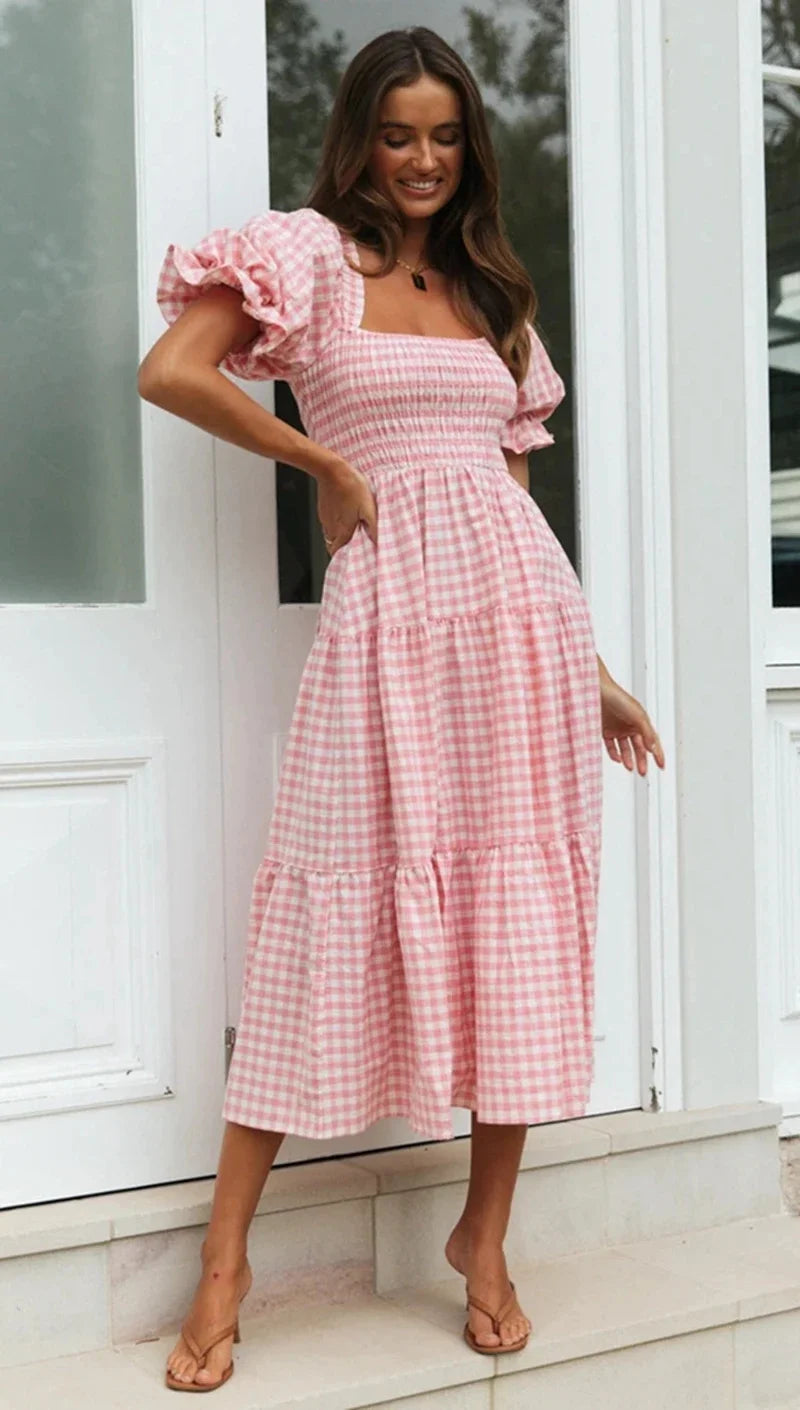 Casual Dresses- Pink Gingham Square Neck Midi Dress for Garden Parties- - Pekosa Women Fashion