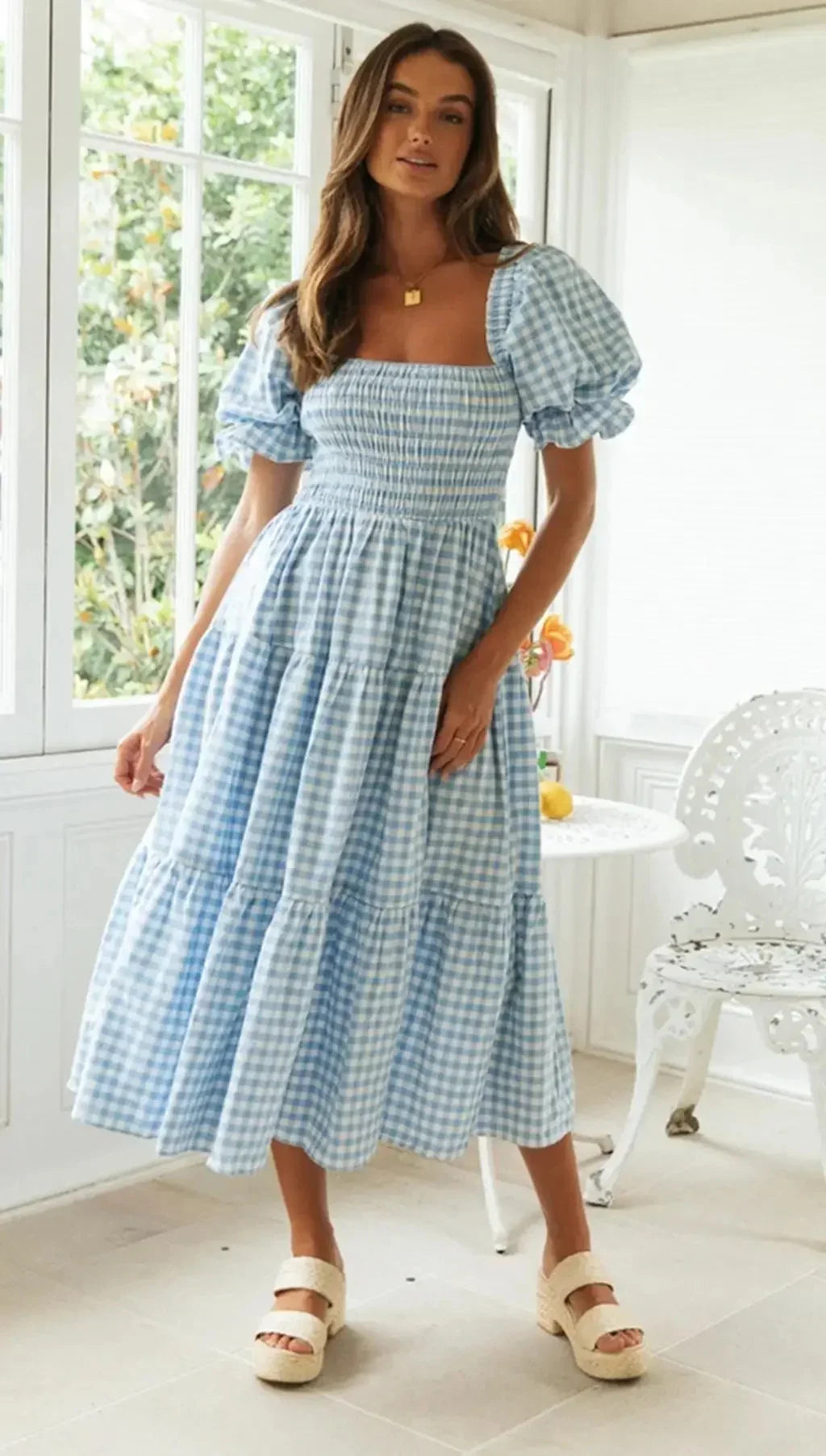 Casual Dresses- Pink Gingham Square Neck Midi Dress for Garden Parties- Blue- Pekosa Women Fashion