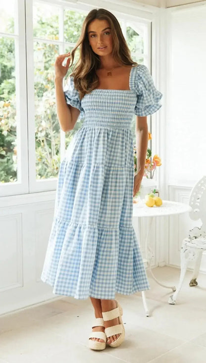 Casual Dresses- Pink Gingham Square Neck Midi Dress for Garden Parties- - Pekosa Women Fashion