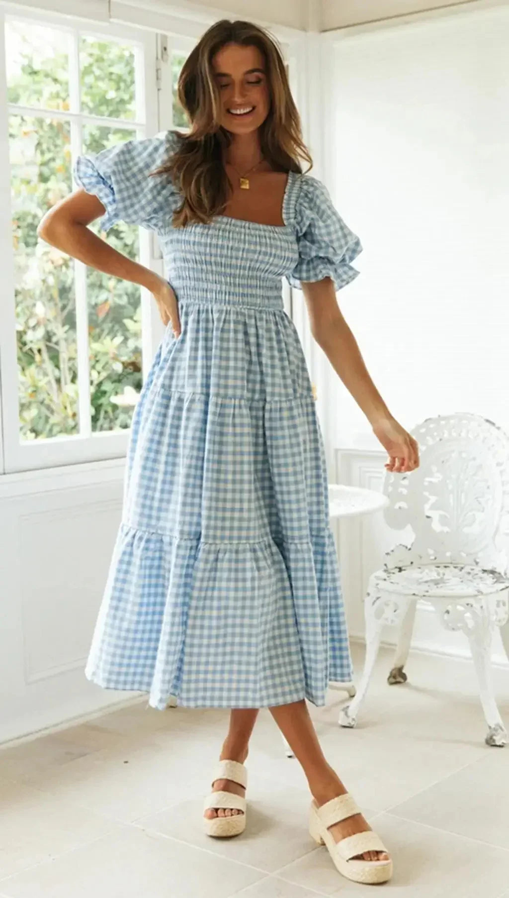 Casual Dresses- Pink Gingham Square Neck Midi Dress for Garden Parties- - Pekosa Women Fashion