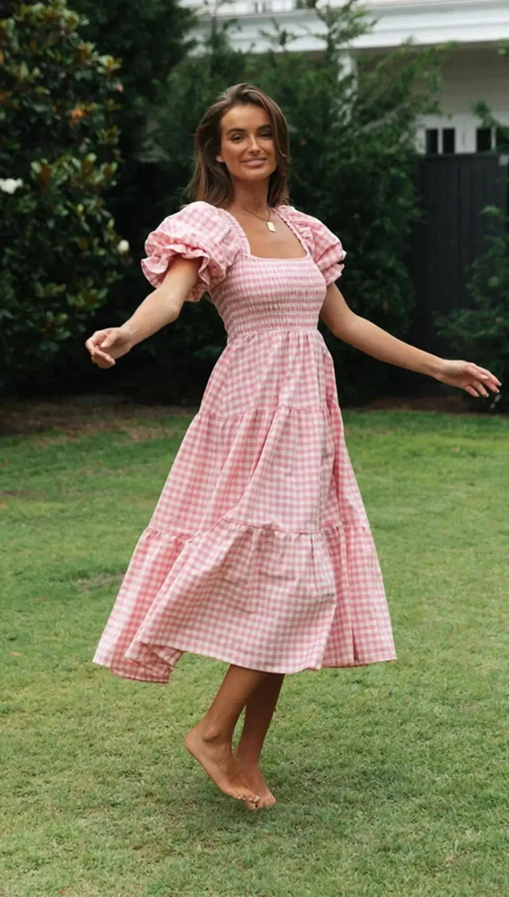 Casual Dresses- Pink Gingham Square Neck Midi Dress for Garden Parties- - Pekosa Women Fashion