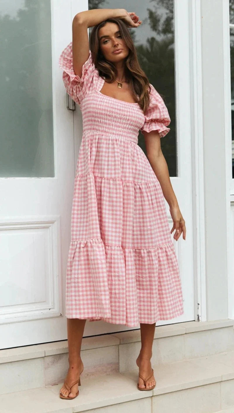 Casual Dresses- Pink Gingham Square Neck Midi Dress for Garden Parties- - Pekosa Women Fashion