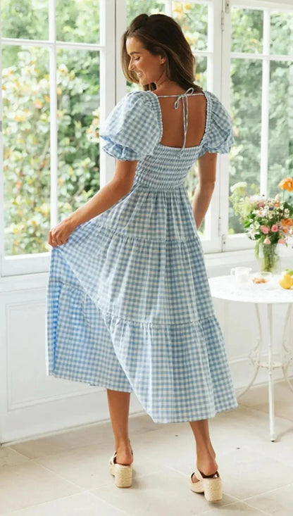 Casual Dresses- Pink Gingham Square Neck Midi Dress for Garden Parties- - Pekosa Women Fashion