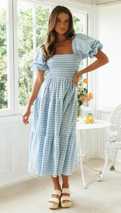 Casual Dresses- Pink Gingham Square Neck Midi Dress for Garden Parties- - Pekosa Women Fashion