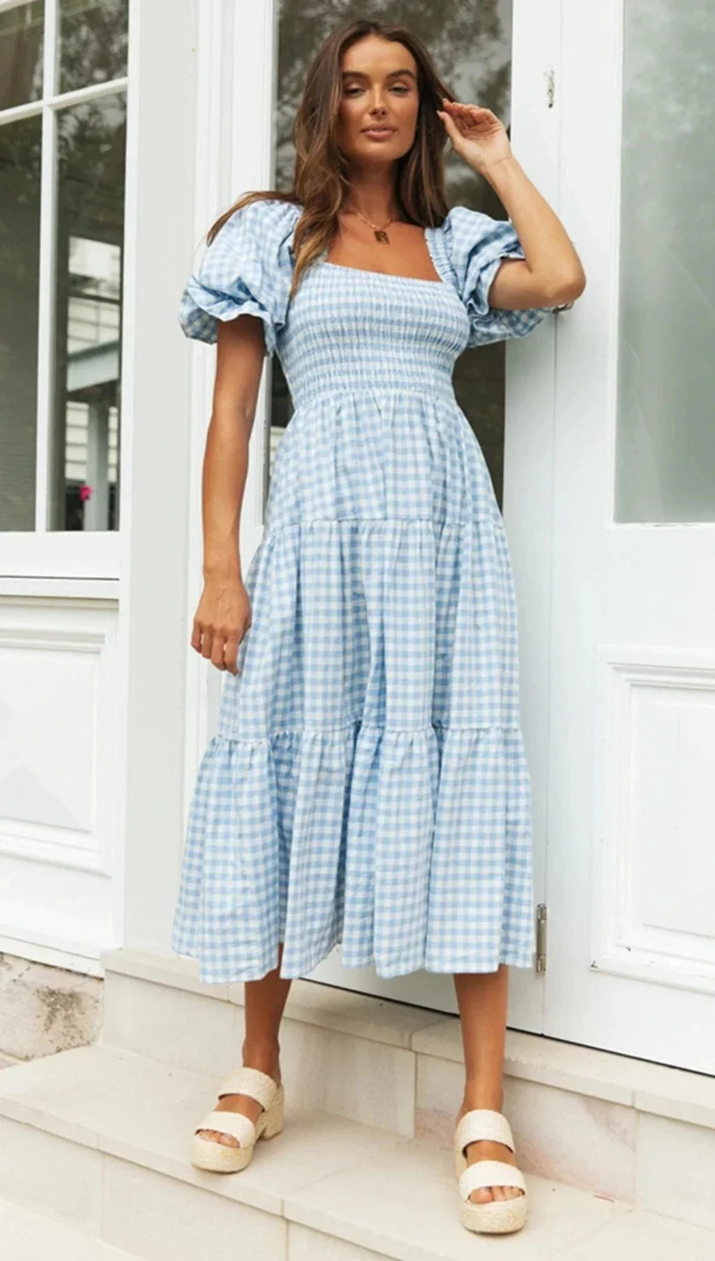 Casual Dresses- Pink Gingham Square Neck Midi Dress for Garden Parties- - Pekosa Women Fashion