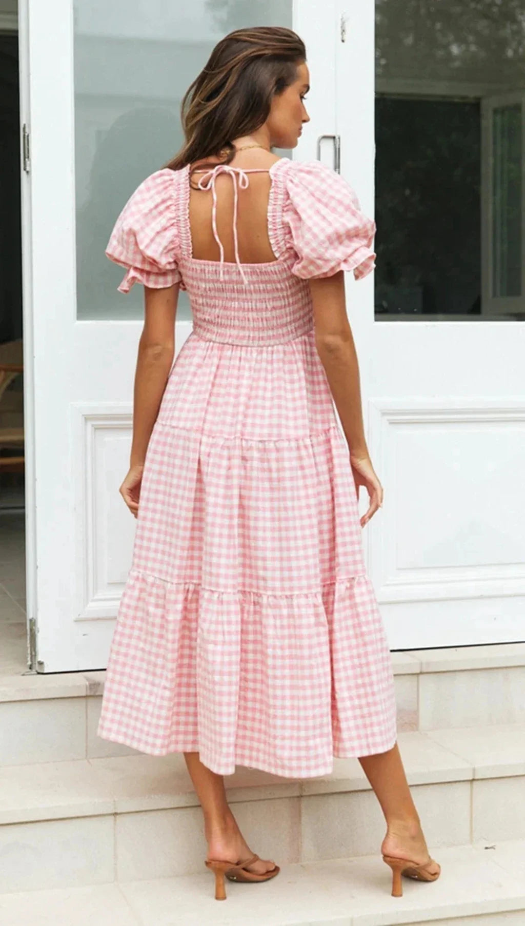 Casual Dresses- Pink Gingham Square Neck Midi Dress for Garden Parties- - Pekosa Women Fashion