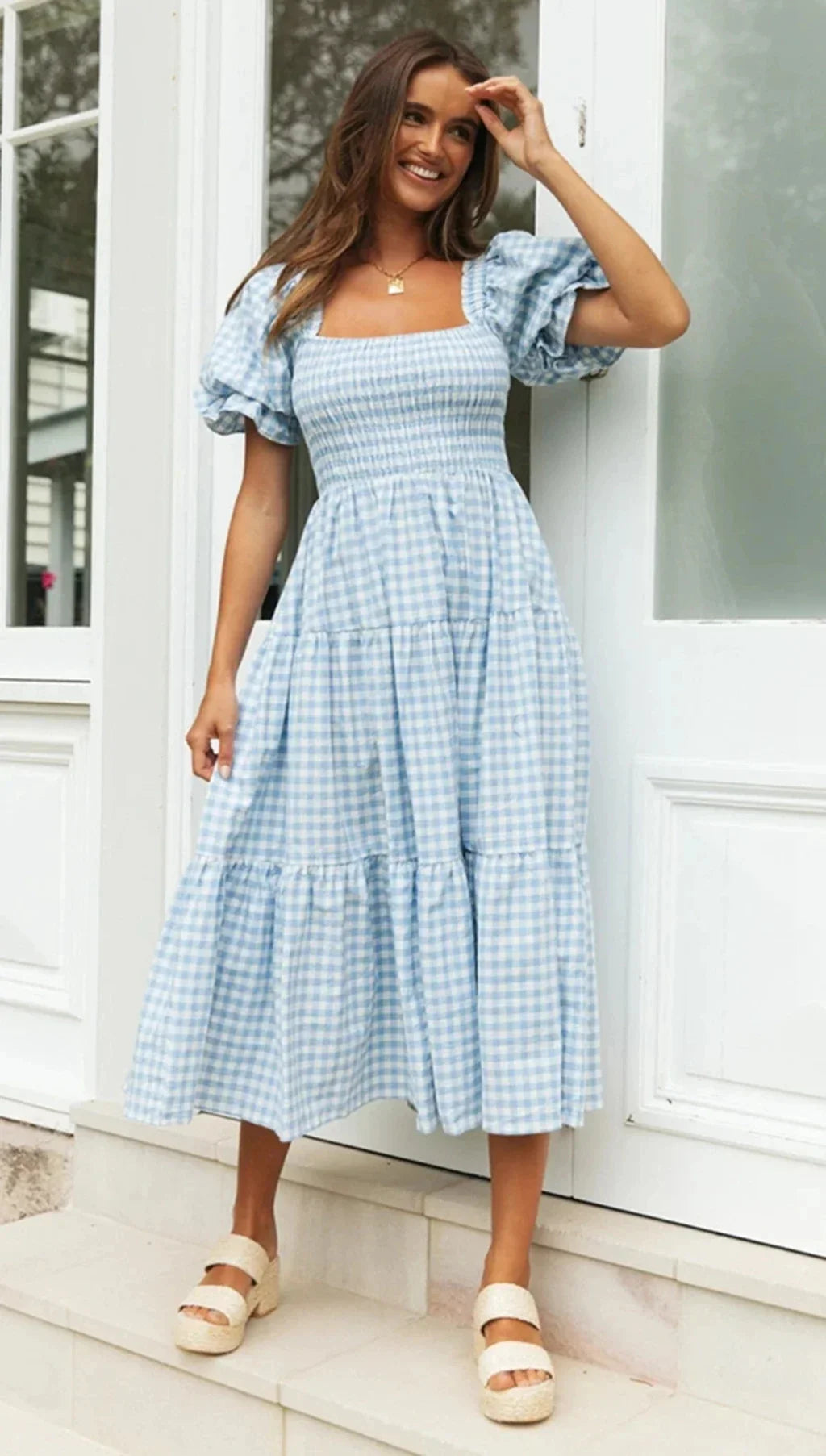 Casual Dresses- Pink Gingham Square Neck Midi Dress for Garden Parties- - Pekosa Women Fashion