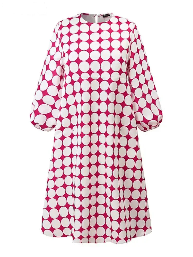 Casual Dresses- Playful Polka Women's Lantern Sleeve Tunic Midi Dress in Plus Sizes- - Chuzko Women Clothing