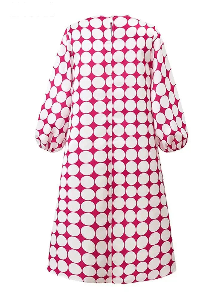 Casual Dresses- Playful Polka Women's Lantern Sleeve Tunic Midi Dress in Plus Sizes- - Chuzko Women Clothing