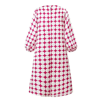 Casual Dresses- Playful Polka Women's Lantern Sleeve Tunic Midi Dress in Plus Sizes- - Chuzko Women Clothing