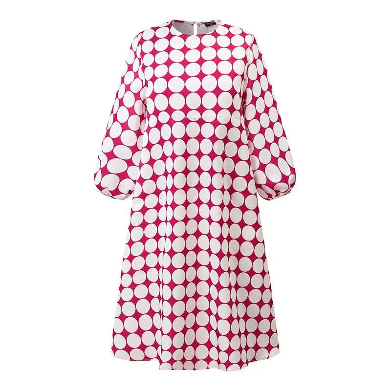 Casual Dresses- Playful Polka Women's Lantern Sleeve Tunic Midi Dress in Plus Sizes- - Chuzko Women Clothing