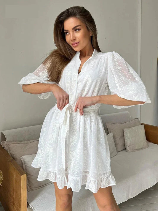 Casual Dresses- Romantic Embroidered A-line Dress with Flared Sleeves- White- Pekosa Women Fashion