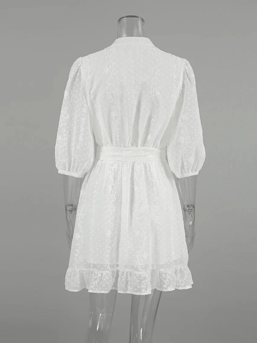 Casual Dresses- Romantic Embroidered A-line Dress with Flared Sleeves- - Pekosa Women Fashion