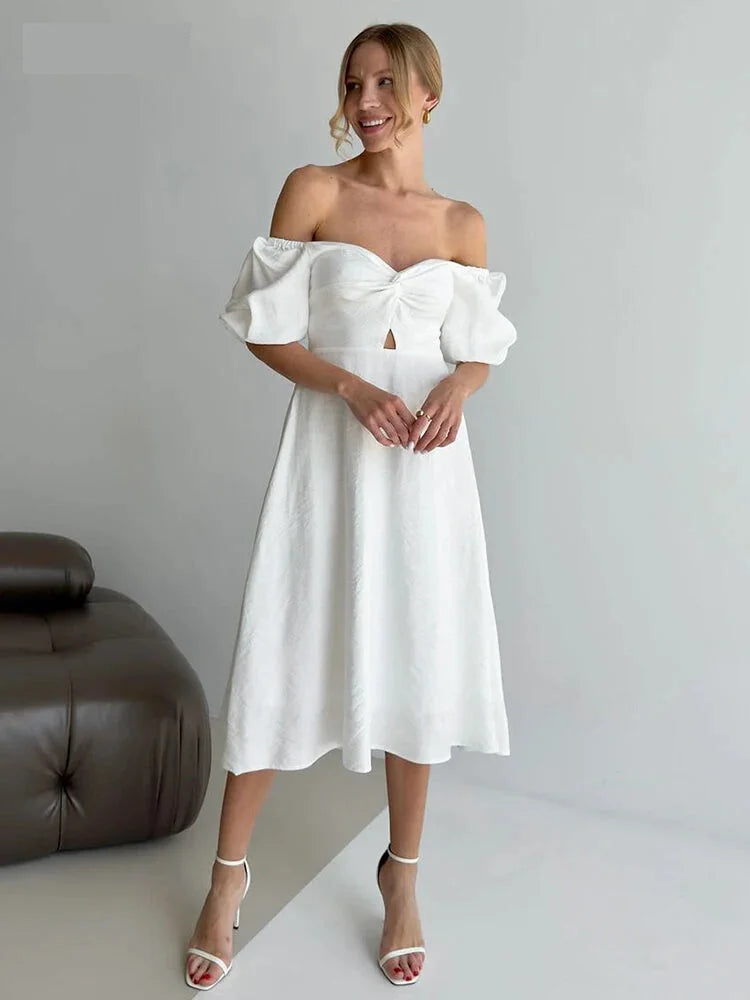 Casual Dresses - Romantic Off-Shoulder Midi Dress for Bridal Showers