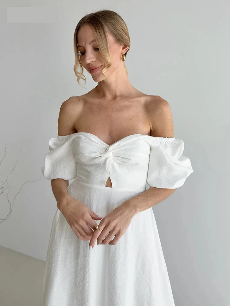 Casual Dresses - Romantic Off-Shoulder Midi Dress for Bridal Showers