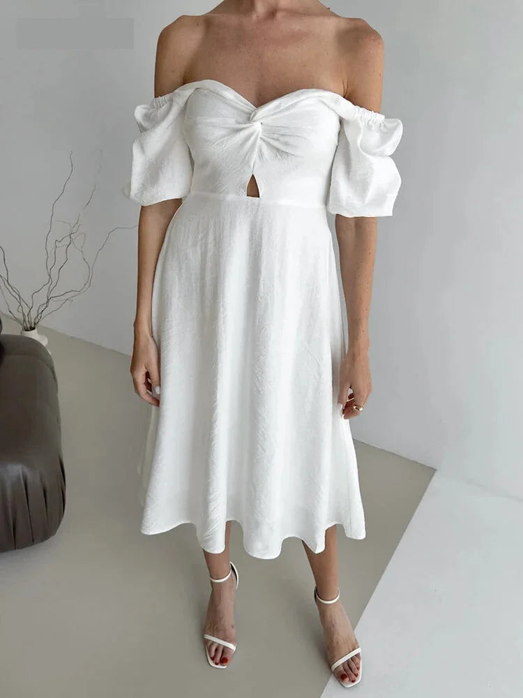 Casual Dresses - Romantic Off-Shoulder Midi Dress for Bridal Showers