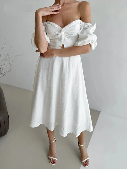 Casual Dresses - Romantic Off-Shoulder Midi Dress for Bridal Showers