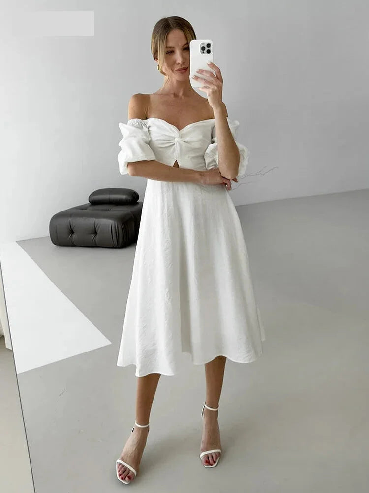 Casual Dresses - Romantic Off-Shoulder Midi Dress for Bridal Showers