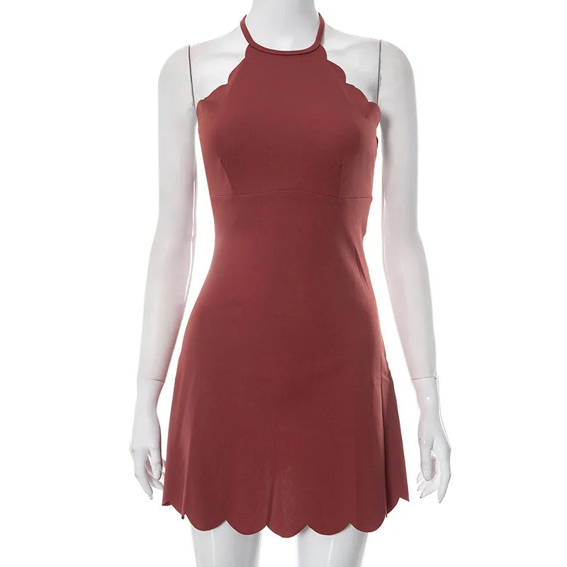 Casual Dresses- Scalloped Halter Dress for Summer Evenings- Red Brown- Pekosa Women Fashion