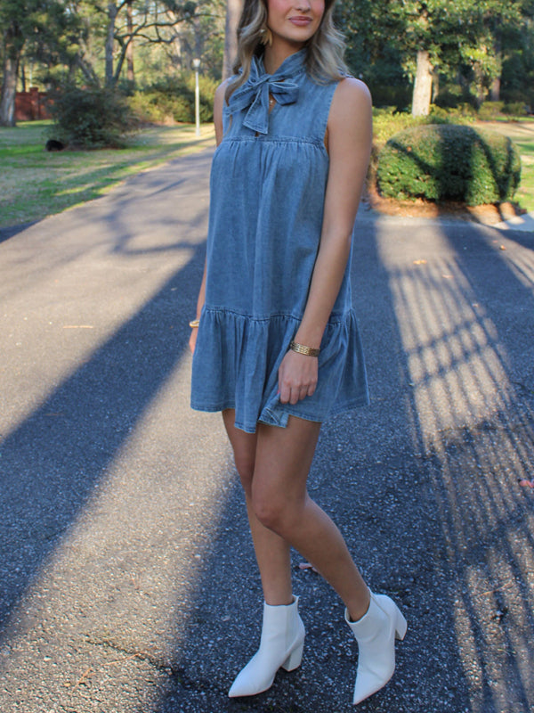 Casual Dresses- Sleeveless Denim Tunic Dress with Bow Front for Casual Events- - Pekosa Women Fashion