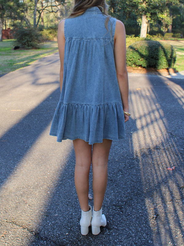 Casual Dresses- Sleeveless Denim Tunic Dress with Bow Front for Casual Events- - Pekosa Women Fashion