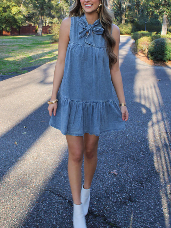 Casual Dresses- Sleeveless Denim Tunic Dress with Bow Front for Casual Events- - Pekosa Women Fashion