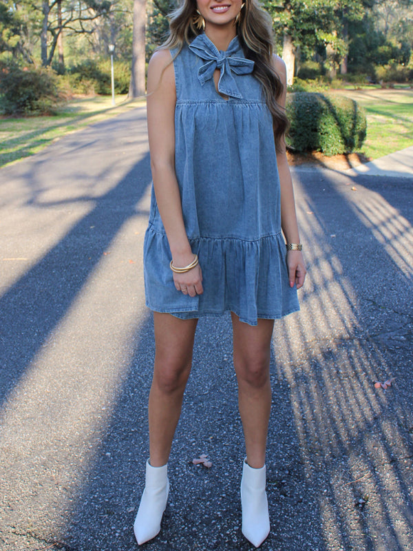 Casual Dresses- Sleeveless Denim Tunic Dress with Bow Front for Casual Events- Blue- Pekosa Women Fashion