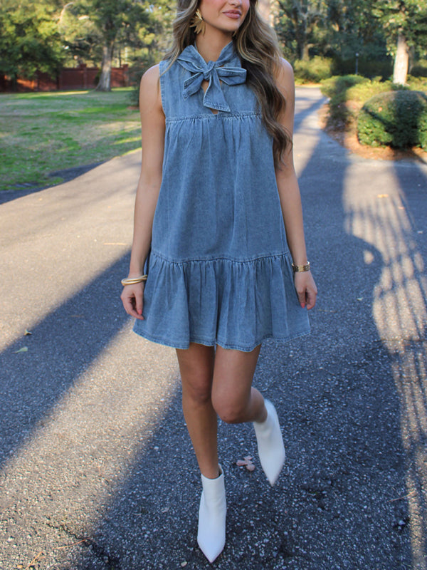 Casual Dresses- Sleeveless Denim Tunic Dress with Bow Front for Casual Events- - Pekosa Women Fashion